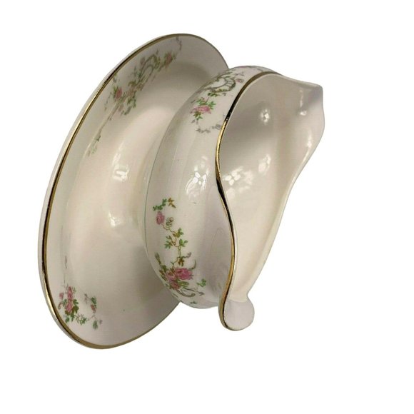 Pope Gosser Gwendolyn Gravy Boat Underplate Pink Roses Gray Scrolls Vintage - Picture 7 of 12